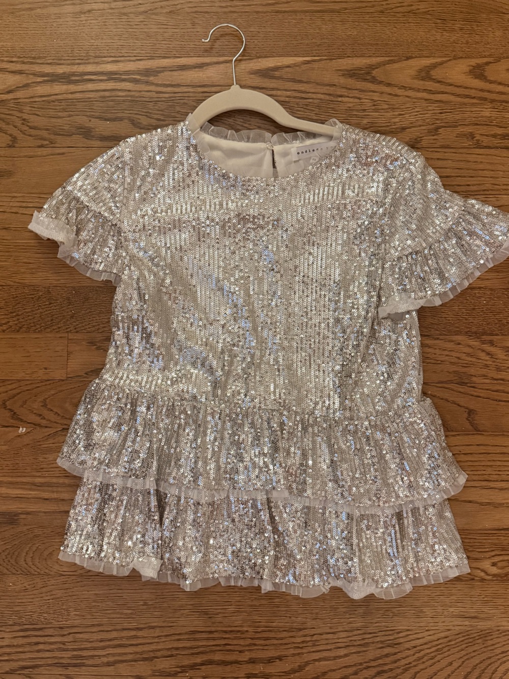 English Factory Silver Sequin Ruffle Short Sleeve Top